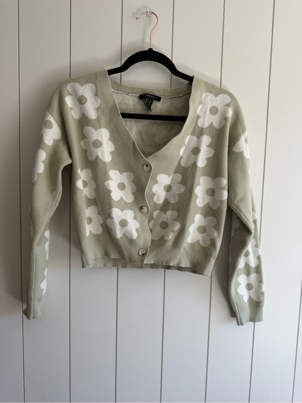 Forever 21 Light Sage and White Floral V-Neck Button Cardigan